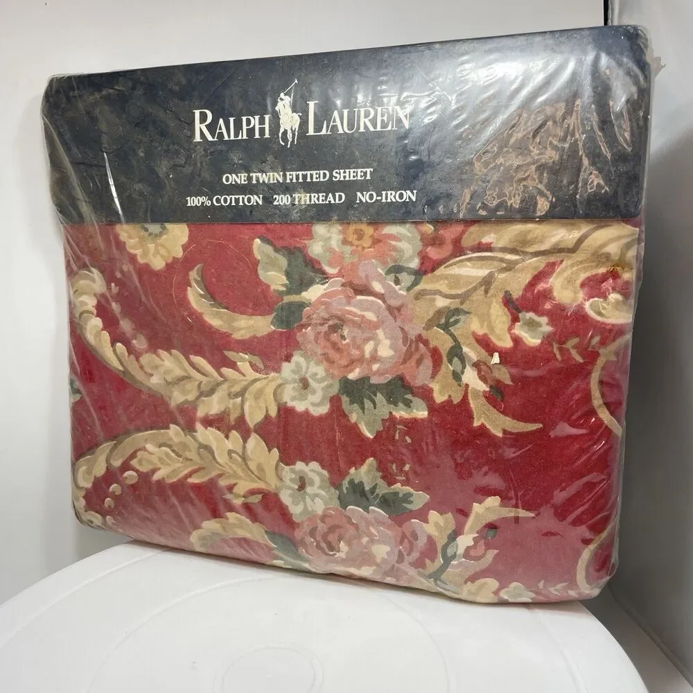 VTG Ralph Lauren Danielle Floral Red Twin Fitted Sheet 200 TC 100% Cotton NOS